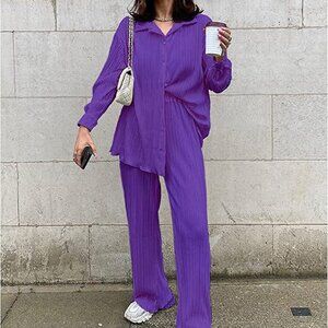 Casual 2 Piece Outfits - Long Sleeve Button Blouse Top Wide Leg Loose Streetwear